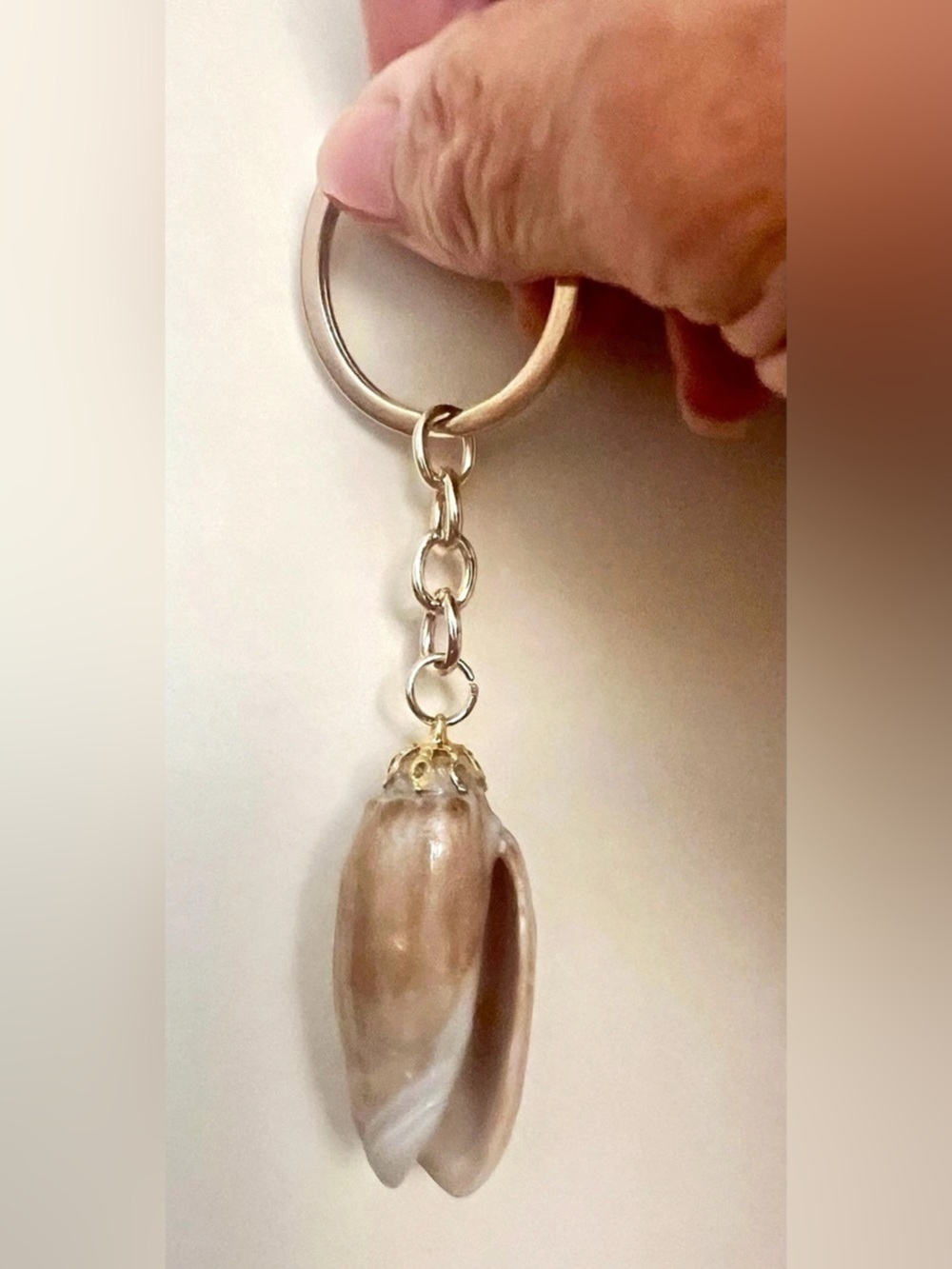 Dark Olive Shell Pendant Gold tone Keychain